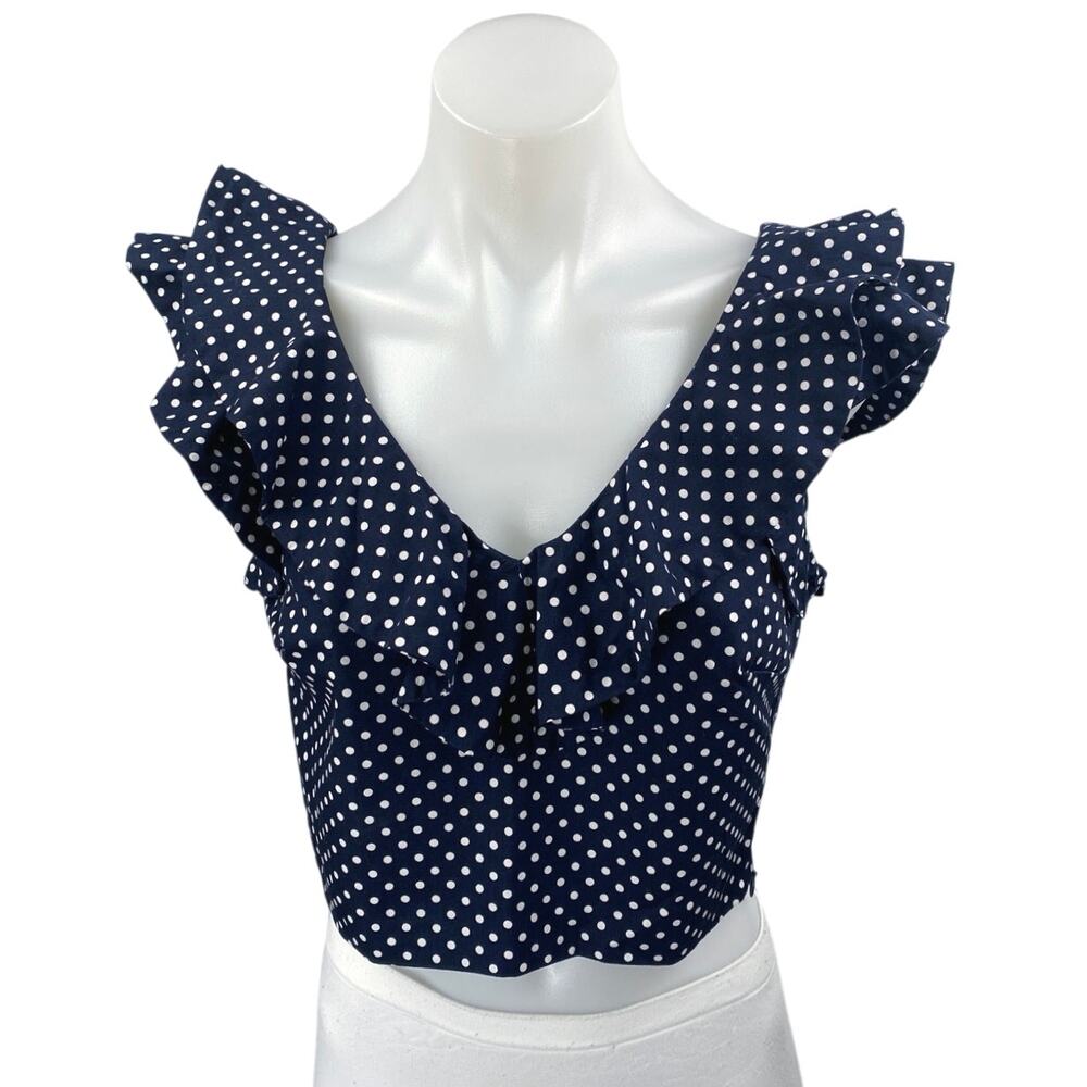 Lucy Paris Blue Polka Dot Ruffle Flutter Sleeve V-Neck Crop Blouse Top Size XS